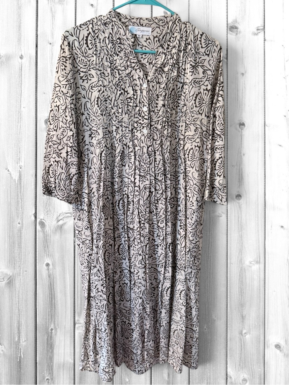 🌸Turquoise Handcrafted Cream Midi Dress with Brown Floral Print